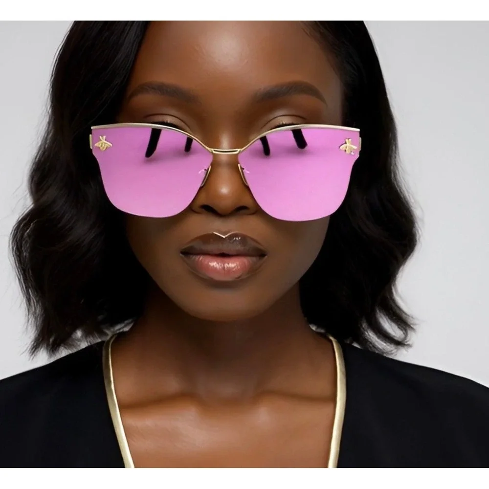 Oversized Sunglasses Pink Mirror Flat Lens‎ Fashion Rimless Shield Women Cat Eye